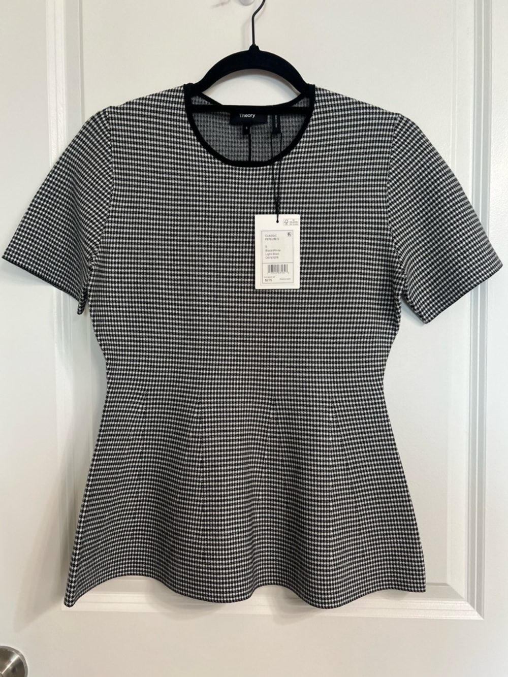NWT Theory Peplum Shirt Sleeve Blouse Black & White Light Bilen Size Small